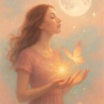 "Femme en transformation sous la pleine lune en Scorpion, symbole de transmutation intérieure et d’éveil lumineux"