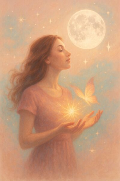 "Femme en transformation sous la pleine lune en Scorpion, symbole de transmutation intérieure et d’éveil lumineux"