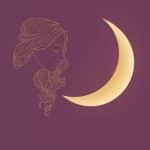 "Illustration minimaliste d’un profil féminin doré face à un croissant de Lune doré, sur fond prune, symbolisant l’énergie de la Nouvelle Lune en Vierge"