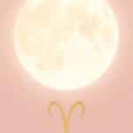 "Illustration minimaliste d’une Super Pleine Lune en Bélier, grande et lumineuse, sur fond rose poudré avec le symbole doré du Bélier."