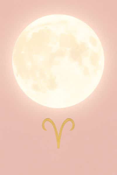 "Illustration minimaliste d’une Super Pleine Lune en Bélier, grande et lumineuse, sur fond rose poudré avec le symbole doré du Bélier."